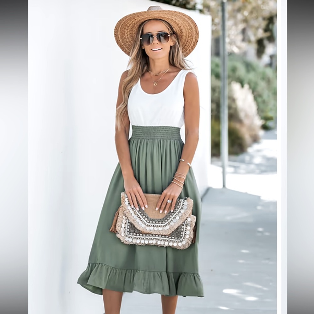 Cupshe Green & White Ruffled Scoop Neck  A-Line Dress Size Large - Picture 2 of 11